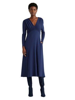 Quince Tencel Jersey V-Neck Long Sleeve Midi Dress Navy Blue Sz XL